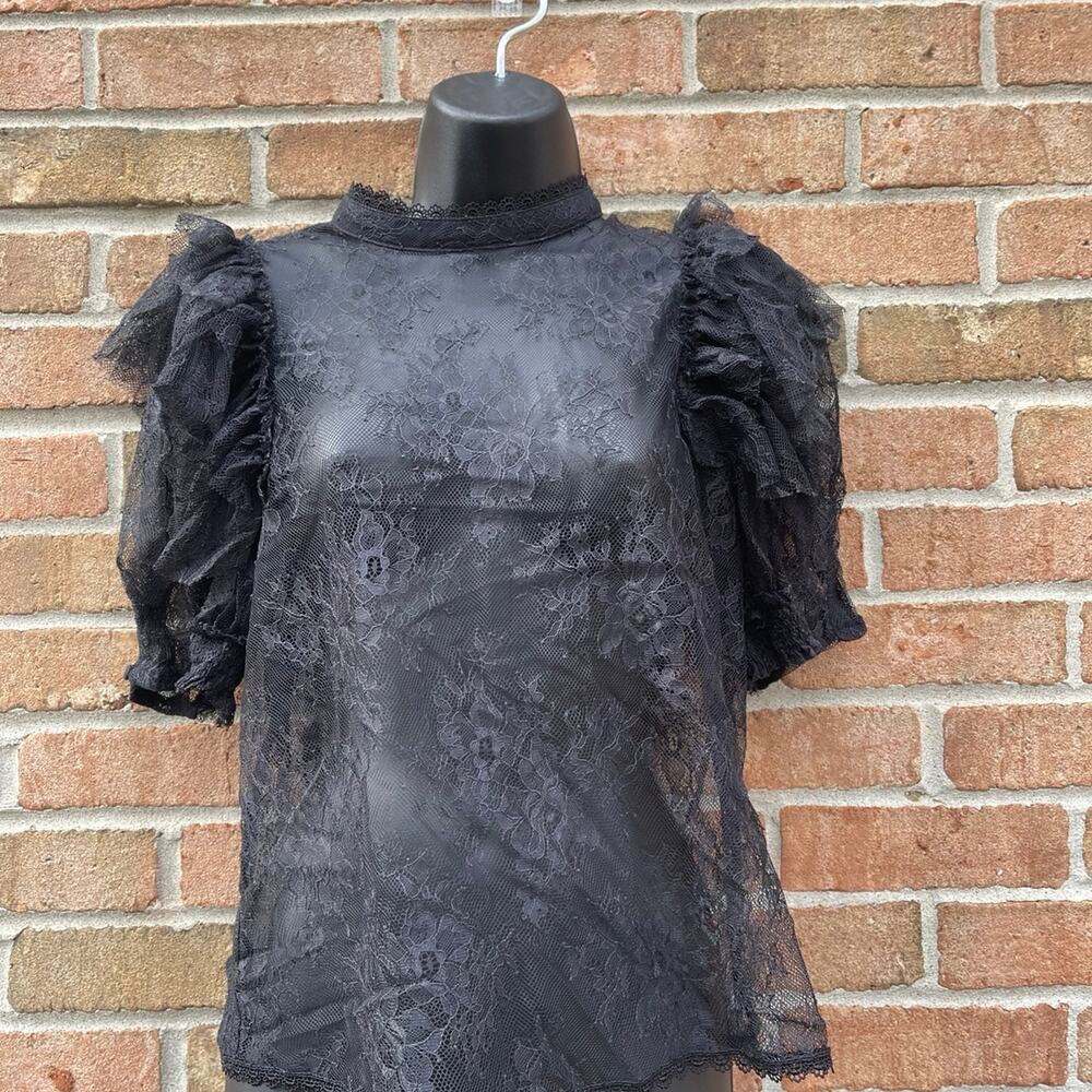 Romantic Gothic Black Lace top sz L Sheer coquette Scalloped Elegant Whimsigoth